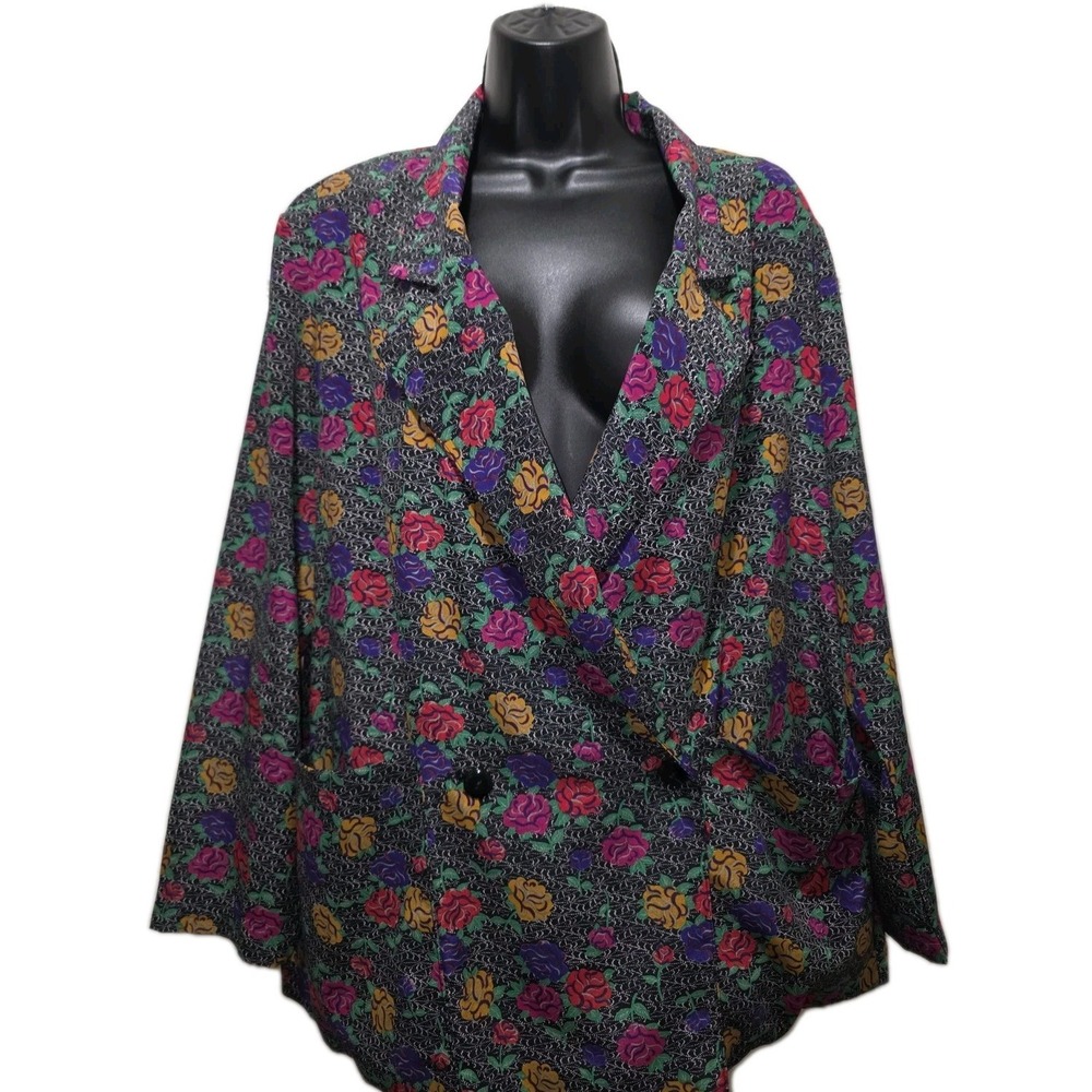 Jessica Cole Vintage Floral Blazer Womens 14 Black‎ Multicolor Rose Print - USA